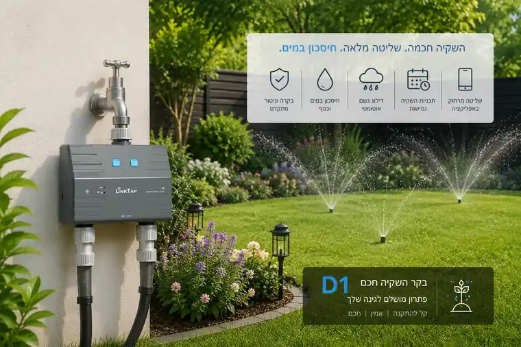 בקר השקיה אלחוטי LinkTap D1 לשני אזורי השקיה מותקן על ברז בגינה