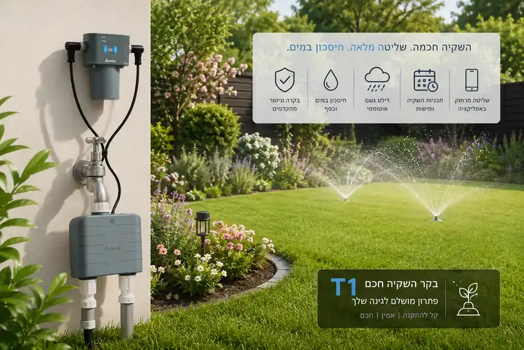 בקר השקיה אלחוטי LinkTap T1 לשני אזורי השקיה מותקן בגינה