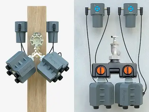 שתי יחידות LinkTap Q1-4Z על מפצל ברז אחד לשמונה אזורי השקיה