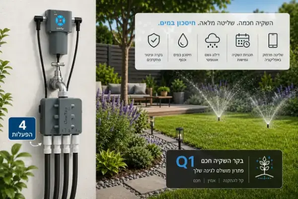 בקר ההשקיה החכם LinkTap Q1-4Z מותקן בגינה עם ארבעה אזורי השקיה
